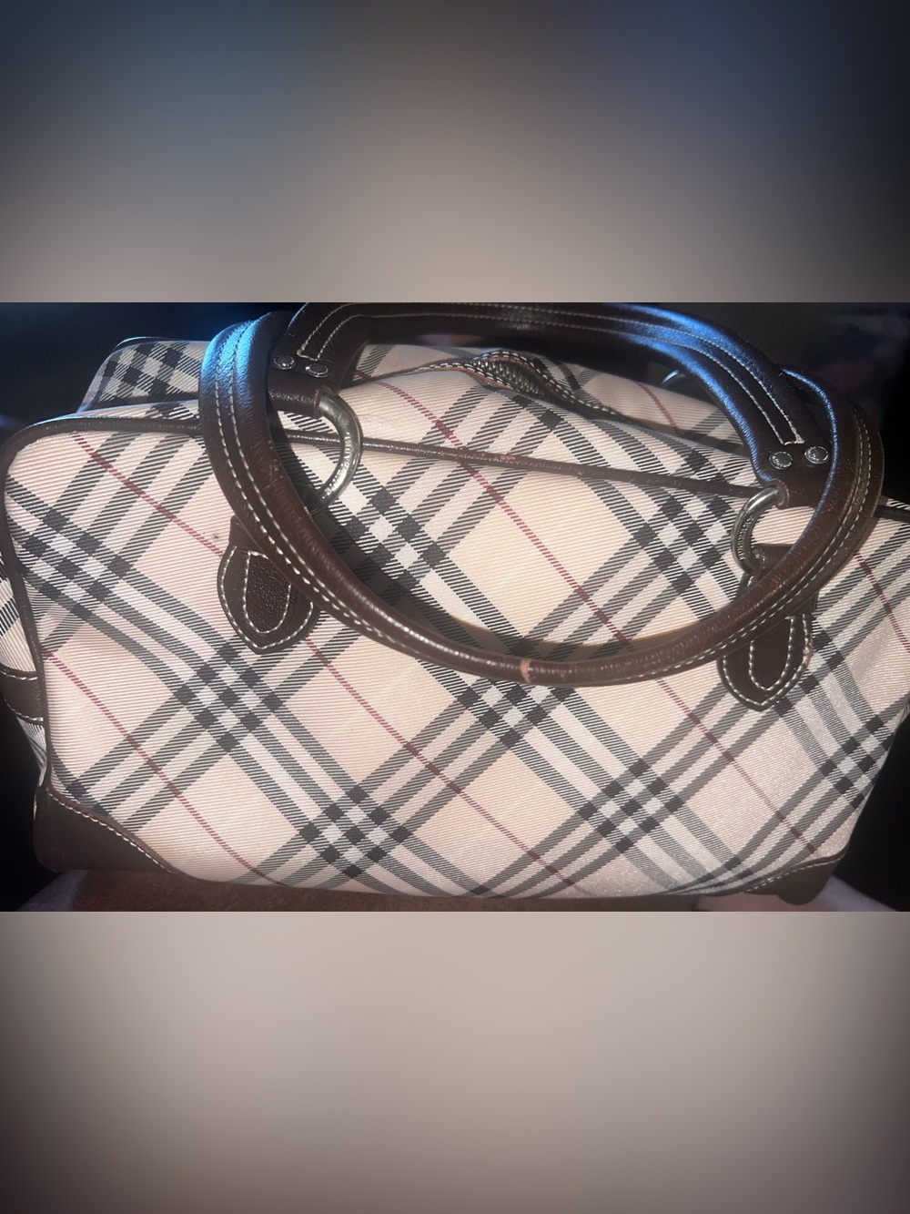 Burberry Beige Plaid Canvas Shoulder Bag with Brown Leather Trim